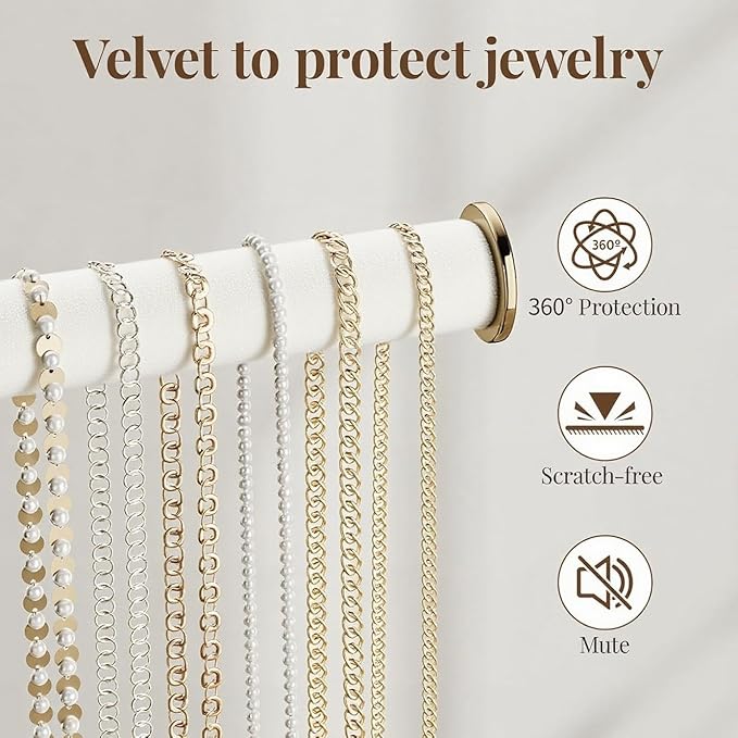 pickpiff Jewelry Holder Organizer with Velvet, Adjustable 10"-17" Tall, Metal Stand for Display Bracelet, Necklace, Earrings, Rings, White and Gold