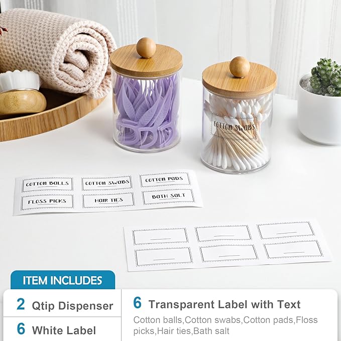 2 Pack Qtip Holder Dispenser with Bamboo Lids - 10 oz Clear Plastic Apothecary Jar Containers for Vanity Makeup Organizer Storage - Bathroom Accessories Set for Cotton Swab, Ball, Pads, Floss