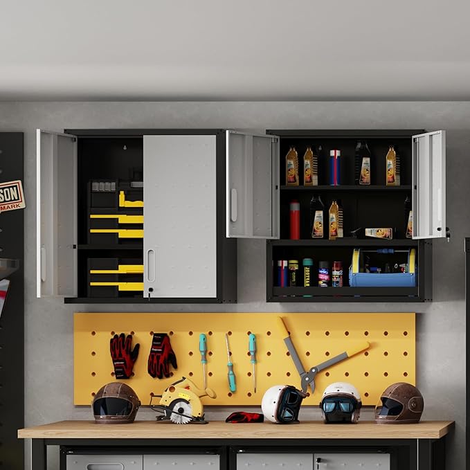 Metal Wall Cabinet, Garage Wall Cabinet with Adjustable Shelf for Garage, Tool Room, Kitchen, Assembly Required(Black and Gray)