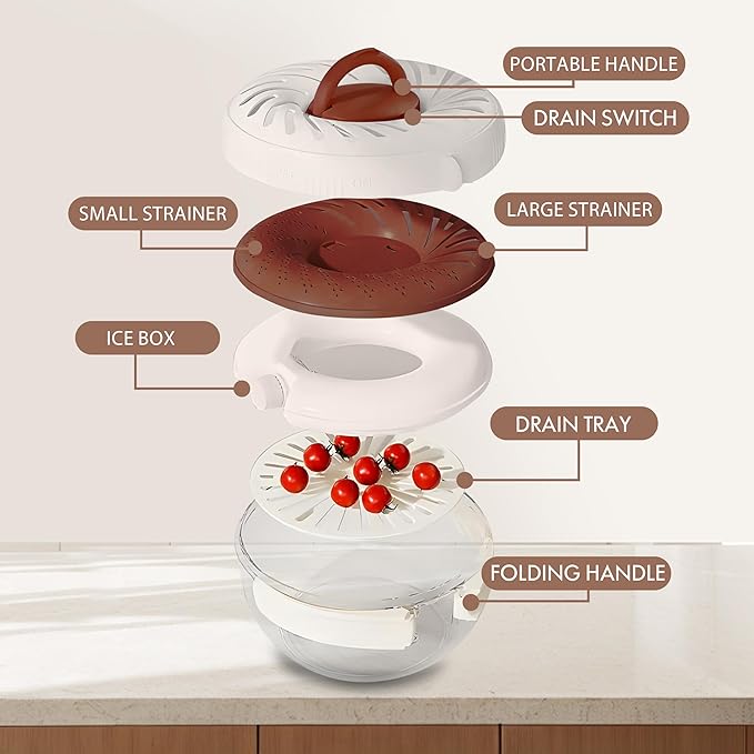 2025 Upgrade Fruit Washing Bowl with Strainer(2.85QT+1QT),3 in 1 Multipurpose Drain Basket with Lid & Ice Box,Foldable Handle Fruit Strainer,Fruit Washer Perfect for Fridge Storage and Outdoor Picnics