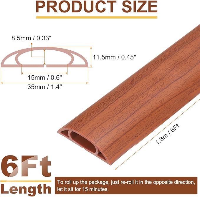 HARFINGTON 6ft Cord Cover Floor W0.6 x H0.33 Inner Channel PVC Hide Extension Cable Floor Wire Hider Wire Covers Protector for Prevent Cable Trips Cables Management, Wood Brown
