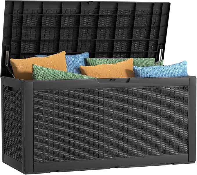 120 Gallon Outdoor Deck Box,Storage Lockable Waterproof Patio Furniture,Garden Tools,Cushions,Pool Accessories Outside Storage Resin Box(Black)