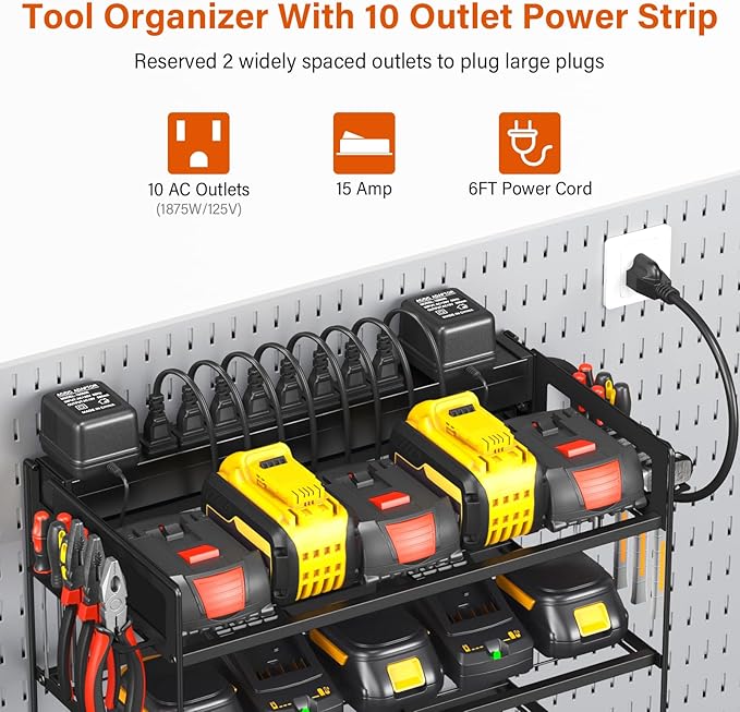 JUNNUJ Power Tool Organizer with 10 Outlet Power Strip, 3 Layer Wall Mount Drill Holder with Charging Station, 4 Drills Storage Shelf Shop Garage Utility Rack, Black