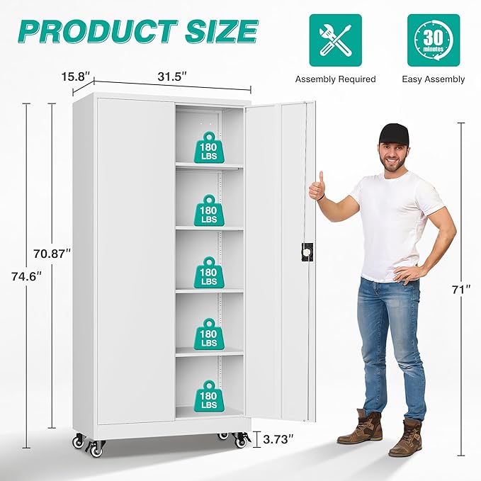 SISESOL 75" Tall Metal Storage Cabinet with Wheels,Rolling Garage Storage Cabinet with Lock,White Metal Cabinets with Wheels and Shelves,Tool Cabinets on Roller for Garage,Home,Office,Shop