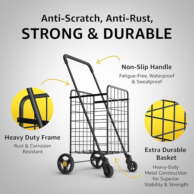 Shopping Cart w/Waterproof Basket Liner & 360° Swivel Wheels | Foldable Collapsible & Lightweight | Perfect for Groceries Laundry Utility Cart - Black