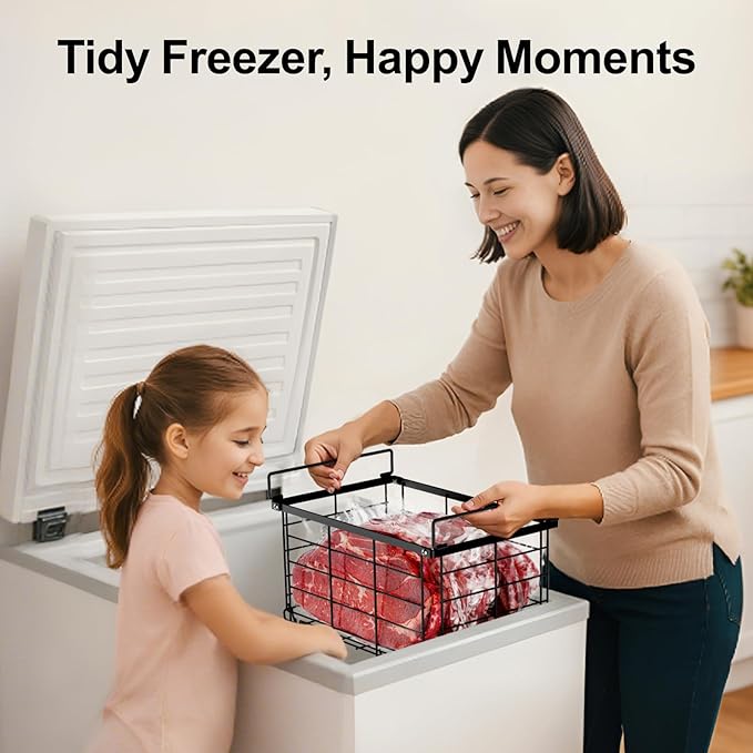 iSPECLE Freezer Organizer Bins - 3 Pack Large Deep Freezer Organizer Bins for 5 to 7 Cu.Ft Chest Freezer, Stackable Easy Access Food No More Digging, Sturdy Metal Wire Basket Not Scratch Bottom, Black