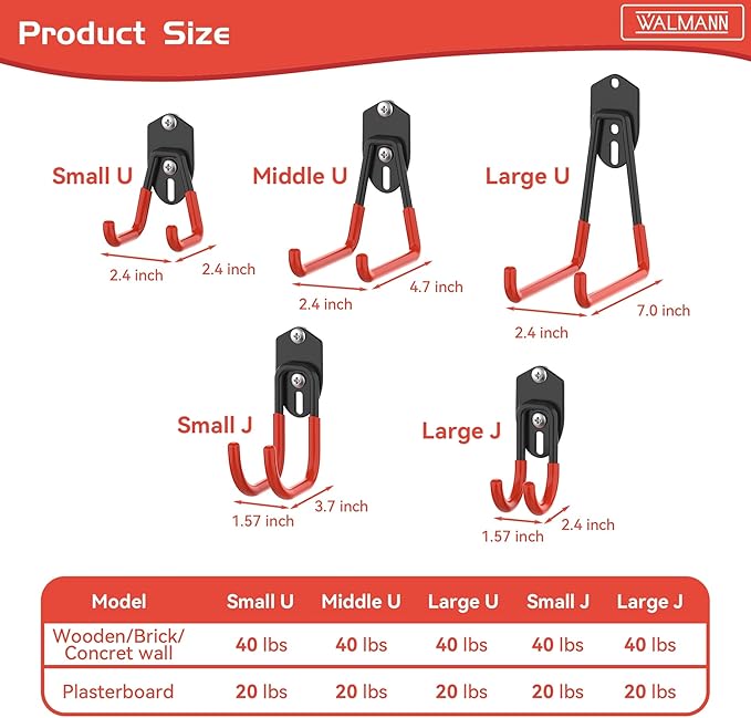 WALMANN 12 PCS Garage Storage Hooks, Wall Mount Utility Hooks for Tools, Ladders, Cords, Folding Chairs, Shovels and Rakes, Shelving Hooks for Keyhole Shelving Units