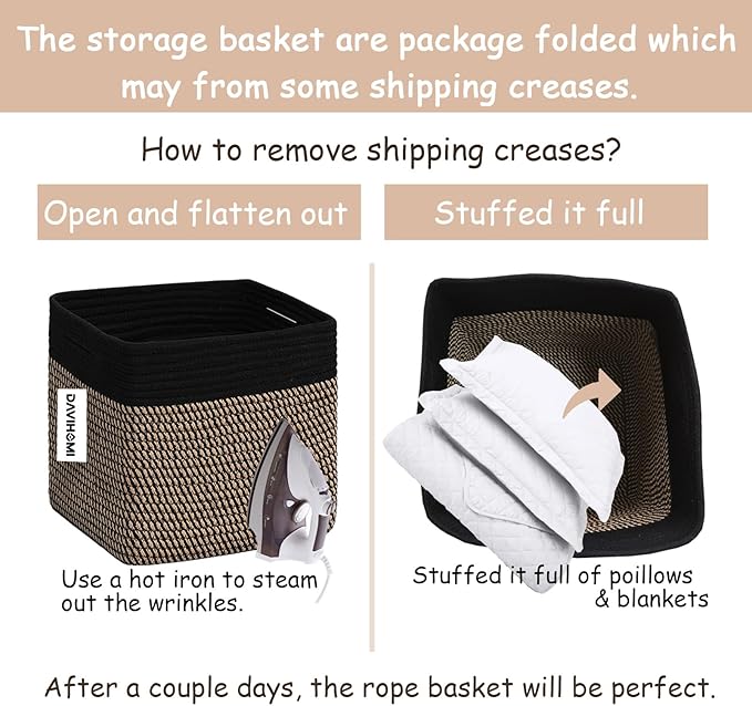 Cube Storage Bins 11 Inch Cotton Rope Woven Storage Basket for Organizing 3 Pack | Storage Cubes for Organization and Storage | Square Cube Organizer | Closet Toy Bin（Black Jute）
