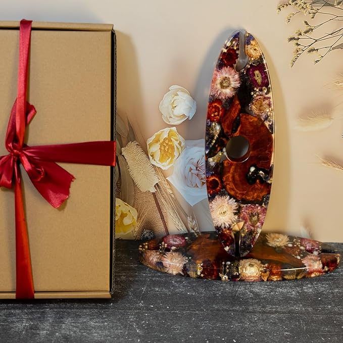 Handcrated Wood Wine Bottle & Glass Holder with Flowers Preserved, Vintage Countertop Stand for 1 Bottle & 2 Glasses, Unique Wine Caddy for Home Bar, Gift for Wine Lover