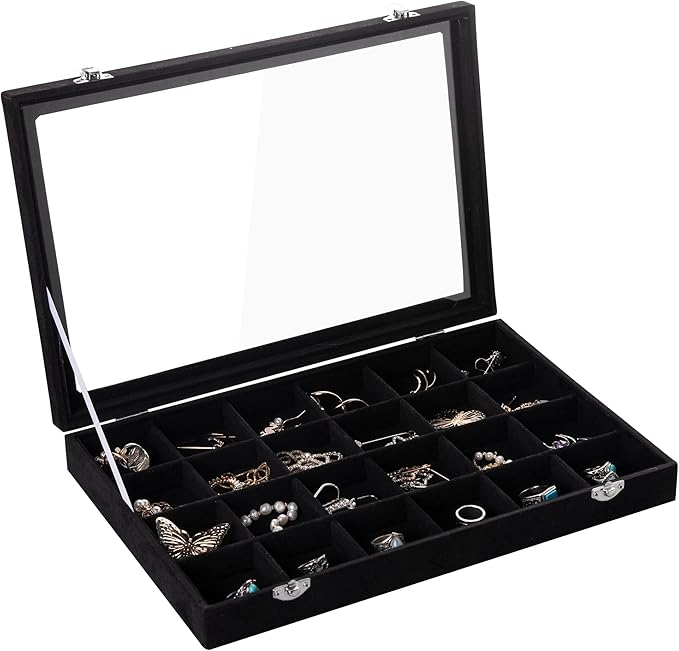 Frebeauty Velvet Jewelry Tray,24 Grid Jewelry Organizer with Clear Lid,Earring Holder Organizer with Clasp,Drawer Insert Rings Pendants Brooches,13.8 x 9.5 x 2 Inches,Gift for Women Girls(Black)