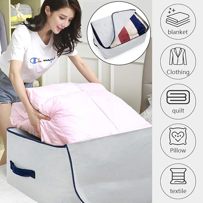 100% Natural Canvas Cotton Large Size Soft Storage Organiser Bags for Queen/King Size Blankets, Duvets, Pillows, Down Jackets, Breathable and Washable, Gray