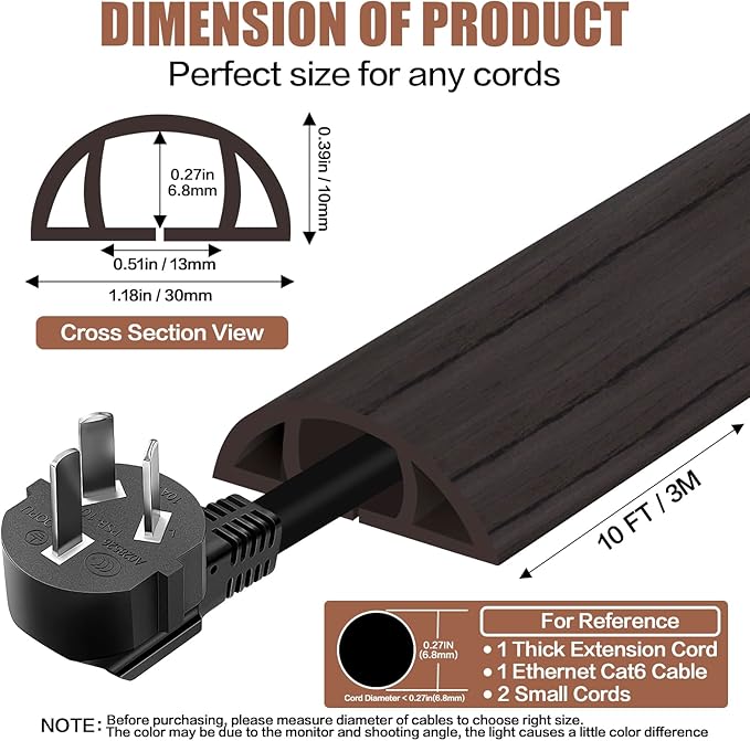 Floor Cord Cover Self Adhesive Cord Hider,10FT Cable Management, Extension Strip Protector for Wires, Prevent Cable Trips for Offices, Gyms, Exhibitions Cavity:0.39"(W) x 0.27"(H) Black Wood