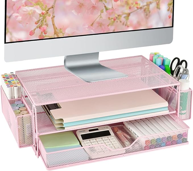 AUPSEN Computer Monitor Stands Riser，2-Tier Desk Organizers and Accessories, Office Desk Accessories Organizer with Drawers and 2 Pen Holder for Office Supplies (Pink)