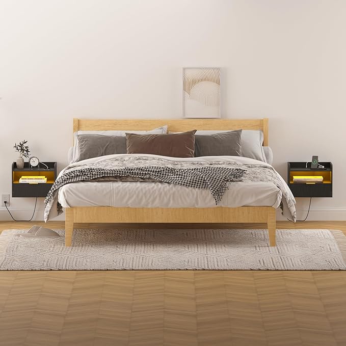 White Floating Nightstand with Charging Station and LED Lights (Black)