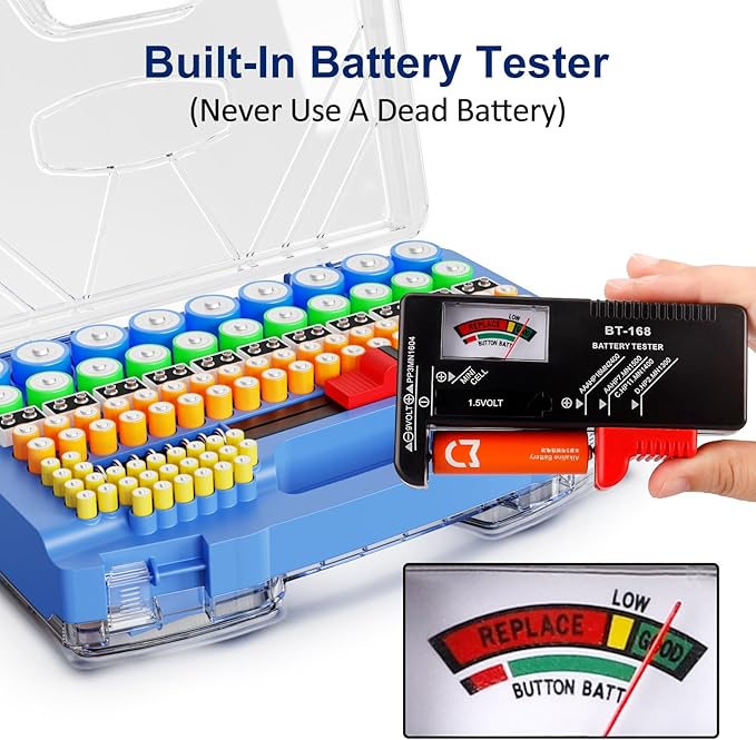 Battery Organizer Storage Case, Battery Storage Holder Organizer Box with Tester - 285 Batteries Double-Sided Variety Pack, Holds AA AAA 4A C D Cell 9V 3V Lithium LR44 CR2 CR123 CR1632 18650 Button