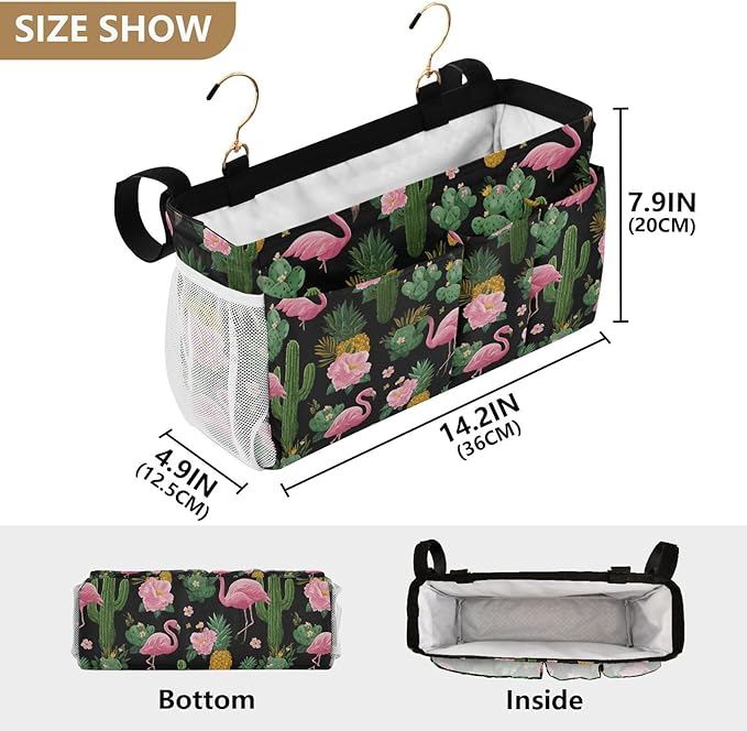 Black Flamingo and Cactus Pineapple Flower Tropical02 Bedside Caddy for Dorm Bed Bedside Hanging Caddy Bag Iron Frame Storage Organizer Pocket for Bunk Home College Hospital Beds 2 Hooks