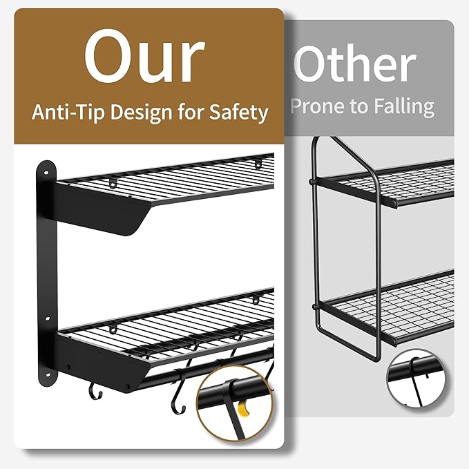 YIGII 30 Inch Pot Rack Wall Mounted, 2-Tier Pots and Pans Organizer with 12 Anti-Drop Hooks, Heavy Duty Kitchen Wall Shelf for Cookware, Lids, Utensils, Black