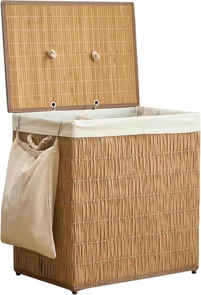 Laundry Hamper with Lid, 39.6 Gallon(150L) Large Laundry Basket 2 Removable Liner Bags, Synthetic Rattan Clothes Hamper with Side Pocket, laundry organization for bathroom, laundry room, Natural