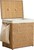 Laundry Hamper with Lid, 39.6 Gallon(150L) Large Laundry Basket 2 Removable Liner Bags, Synthetic Rattan Clothes Hamper with Side Pocket, laundry organization for bathroom, laundry room, Natural