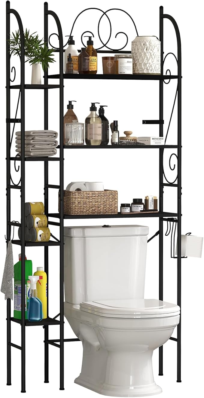 7-Tier Over the Toilet Storage Rack, Heavy-Duty Metal Bathroom Organizer with Adjustable Shelf, Toilet Paper Holder & Side Hooks, Space Saver for Small Bathrooms, Laundry Room & Apartments, Black