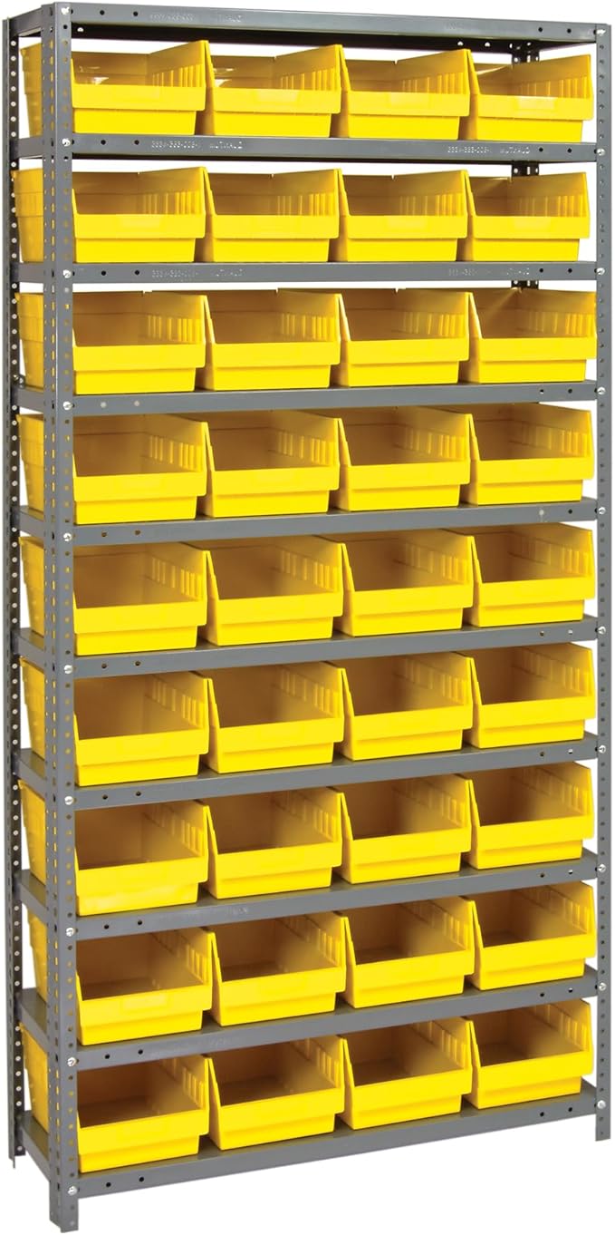 Quantum Storage Systems 1275-207YL Solid Heavy Duty 10 Shelves 36 Store-More Yellow Bins 75" H x 36" W x 12" D