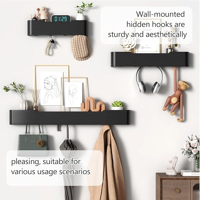 Coat Rack Wall Mount with Hidden Hooks Modern Key Holder Wood Entryway Hook with Shelf for Bedroom Kitchen Hallway Bathroom Designed for Hanging Coats Hats Bags Towels Dog Leashe(Black,5 Hooks)