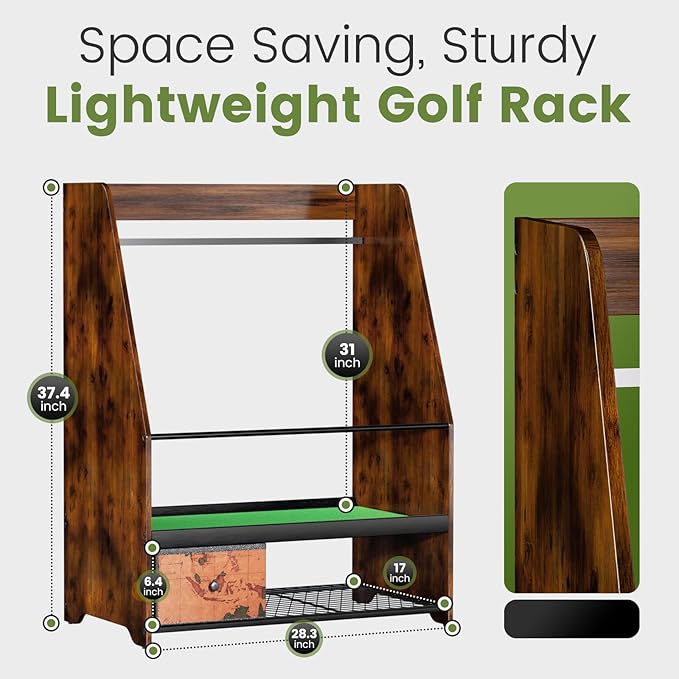Golf Bag Organizer Rack – Large Wooden Golf Storage for 2 Bags, Clubs & Accessories with Dustproof Drawer, Sports Equipment Rack for Garage, Practice Room, Home or Office (Black)