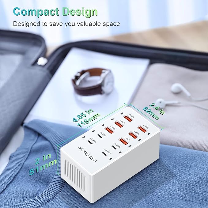 USB C Charging Station Cell Phone Wall Charger 10Ports USBC Fast Charging Power Hub Cube 4 USB C 6 USB A Charger Block Power Strip Dock Adapter for iPhone 15/14/13 iPad Android Smart Phones