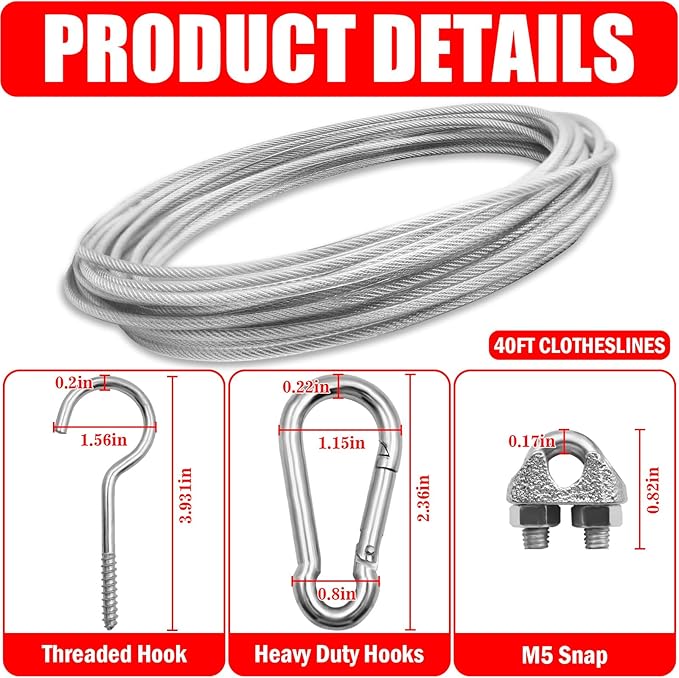40ft Clothes Line Outdoors 3/16" Wire Ropes Silver PVC Coating Laundry Drying Clothesline with Metal Hooks and Snap Heavy Duty for Umbrella Travel Outside Camping Backyard