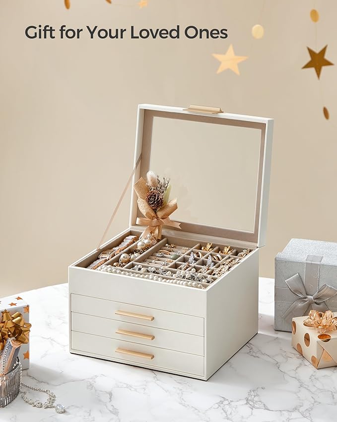SONGMICS Jewelry Box Organizer with Glass Lid, 4-Layer Jewelry Storage, with 3 Drawers, Modern Style, Christmas Gift, 8 x 9.1 x 6.5 Inches, Cloud White and Gold Color UJBC173W01