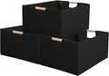 Fabric Storage Bin 3 Pack Foldable Cotton Linen Storage Basket with Wooden Handles Rectangular Cube Box – Black, Medium