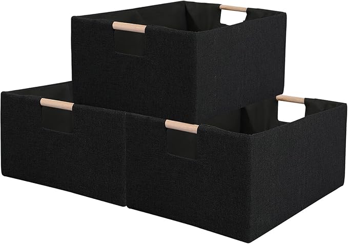 Fabric Storage Bin 3 Pack Foldable Cotton Linen Storage Basket with Wooden Handles Rectangular Cube Box – Black, Medium