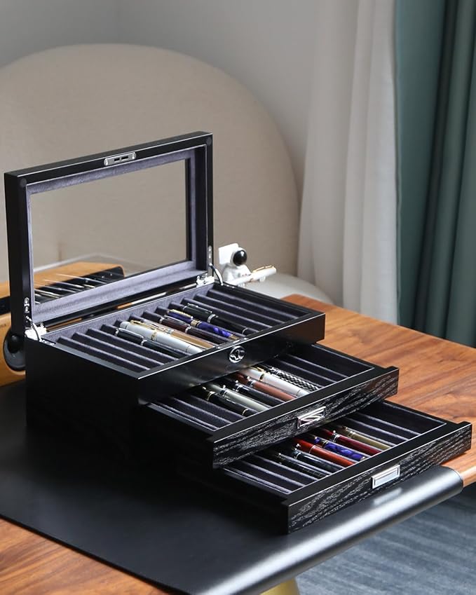 wood pen display case 36 slot Fountain pen Box storage Organizer with drawer, Top Glass Window Pen Collection Display Case