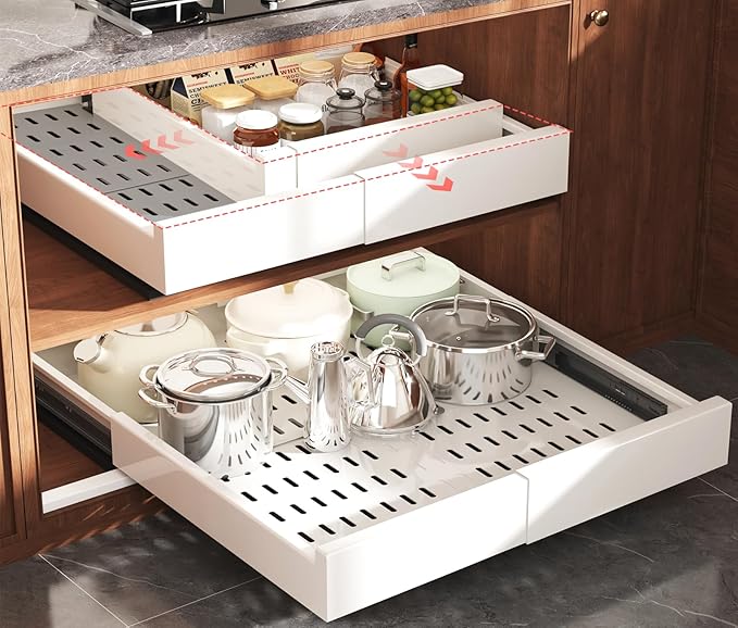 2 Pack Pull Out Cabinet Organizer Expandable Width(13"-21") and Depth(17"-24"), Slide Out Drawers With Raising Pad for Framed Cabinets, No Drill Roll Out Shelves for kitchen, Bathroom, White