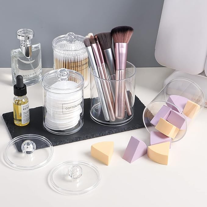 ME.FAN Qtip Holder Dispenser - 4 Pack 10oz, 12oz Clear Plastic Apothecary Jars Set - Restroom Bathroom Makeup Organizers Containers for Cotton Ball/Swab/Round Pads, Floss, Hair Ties, Bath Salt