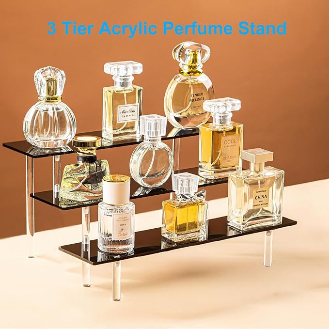 3 Tier Perfume Organizer Stand, Black Acrylic Risers Display Stands, Cologne Shelf Dessert Display for Party, Figure Stand Funko POP Shelves, Collection Cosmetic, Cupcake Stand Holder