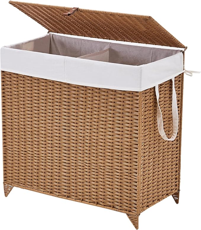 Laundry Hamper with Lid and Removable Liner Bag, Handwoven Rattan Clothes Hamper with Heightened Feet, Wicker Laundry Basket for Clothes and Towels，Large, 2-sections