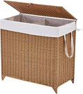 Laundry Hamper with Lid and Removable Liner Bag, Handwoven Rattan Clothes Hamper with Heightened Feet, Wicker Laundry Basket for Clothes and Towels，Large, 2-sections