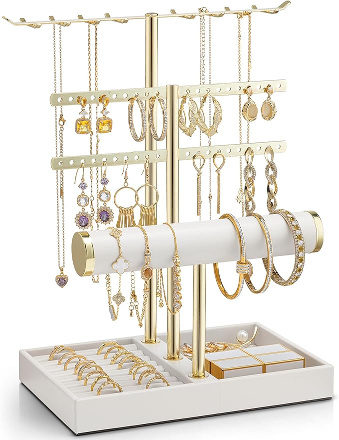 Vlando 3 Tier Jewelry Stand Organizer with Tary, Leather Jewelry Holder Display for Women, Gold Jewlery Holder Display for Necklace, Earring, Bracelet, Rings - White