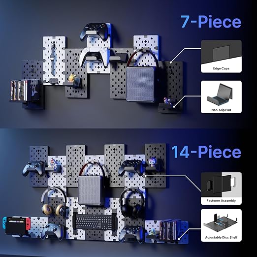 PEGZONE Controller and Headphone Holder Wall Mount, Modular Gaming Pegboard with Accessories, Controller Stand for Xbox PS5 PS4 Switch, Video Game Storage, Disc Shelf, 14pcs Pegboard, Black & White