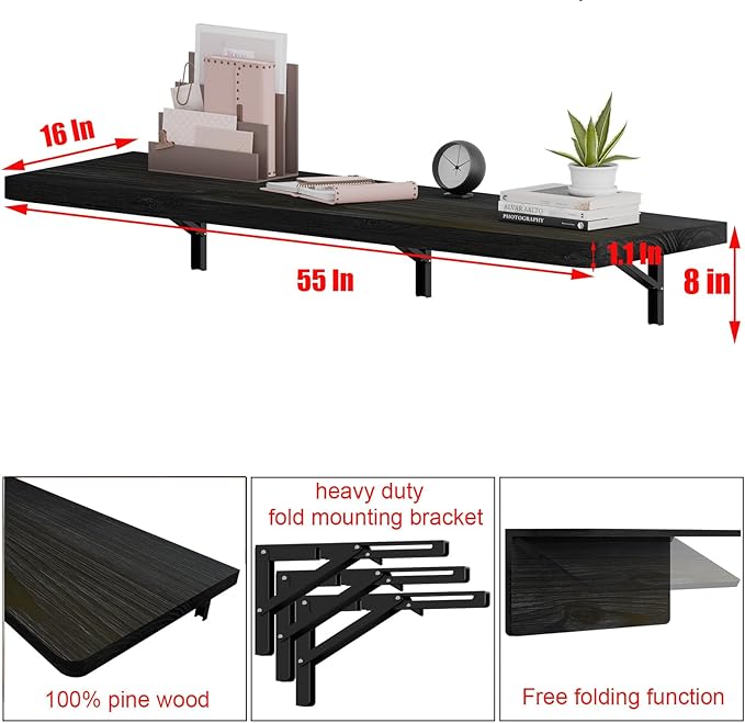 IAE Wall Mounted Folding Table with Pine Wood,55" x 16" Floating Wall Desk,Laundry Folding Table with Shelf Brackets,Fold Down Desk Shelf,Folding Workbench for Home,Dining,Laundry Room,Kitchen,Black