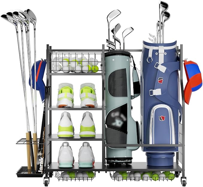 Golf Organizer for Garage, 3 Bag Golf Bag Holder Stand with Shelves & Club Rack, Multi-Functional Adjustable Golf Equipment Storage System