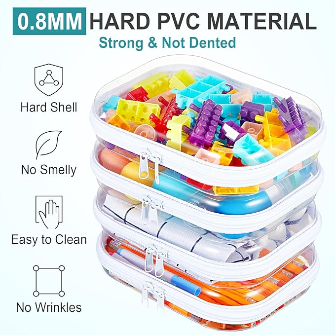 Hoolerry 4 Pcs Hard Clear Zipper Case Makeup Bags Plastic Pencil Pouch Transparent Storage Box Containers for Cosmetics, Snacks, Building Blocks, Puzzles (White,7.9 x 5.9 x 2 in)