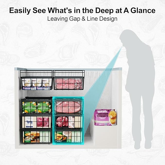 iSPECLE Deep Freezer Organizer Bins - 3 Pack Large Freezer organizer Bins, Hanging Basket Expands to 22.6" (L), Stackable Bins Expand to 17.1"(L), Fit 10 to 20 Cu.FT, 1 Hanging & 2 Stacking, Black