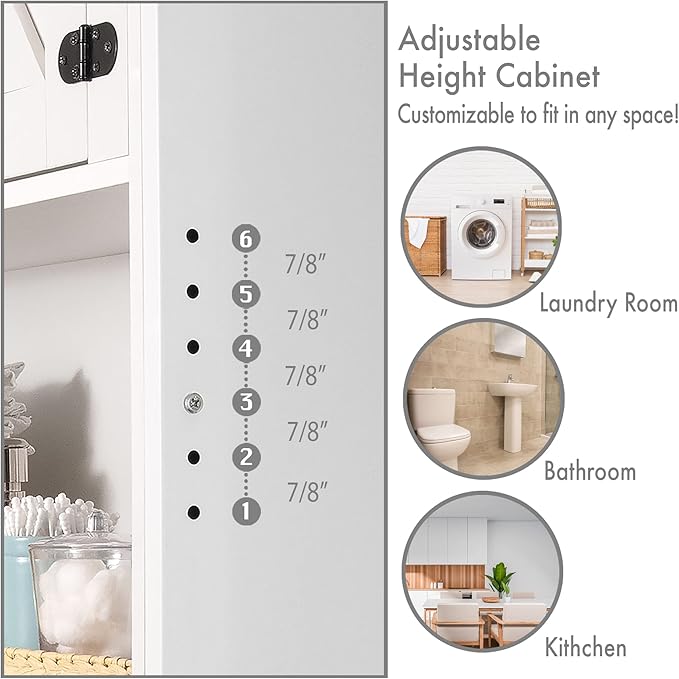 Over The Washer or Over The Toilet Storage Cabinet w/Height Adjustable Shelf Laundry Room/Bathroom Organizer Rack, 2-Door Freestanding Rack Space Saver, White