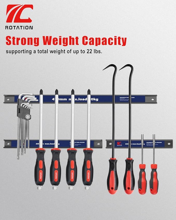 ROTATION Magnetic Tool Holder Set, 18.5”/11.8”/7.8”, 3-Piece Multi-Size Workshop Garage Kitchen Organizer, Heavy Duty Magnet Strips with Mounting Hardware