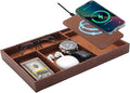 TopMade Valet Tray with Wireless Charging Pad Nightstand Organizer, Leather Desktop Storage Dresser Organizer Charging Station, Jewelry Box Catchall Bedside Vanity Tray for Men Women(Brown)