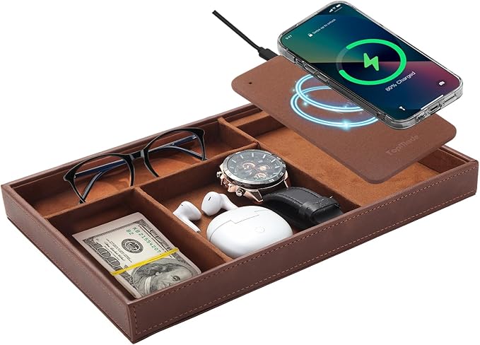 TopMade Valet Tray with Wireless Charging Pad Nightstand Organizer, Leather Desktop Storage Dresser Organizer Charging Station, Jewelry Box Catchall Bedside Vanity Tray for Men Women(Brown)
