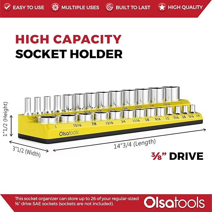 Olsa Tools Magnetic Socket Organizer | 3/8-inch Drive | SAE | Yellow | Holds 16 Sockets | Professional Quality Tools Organizer