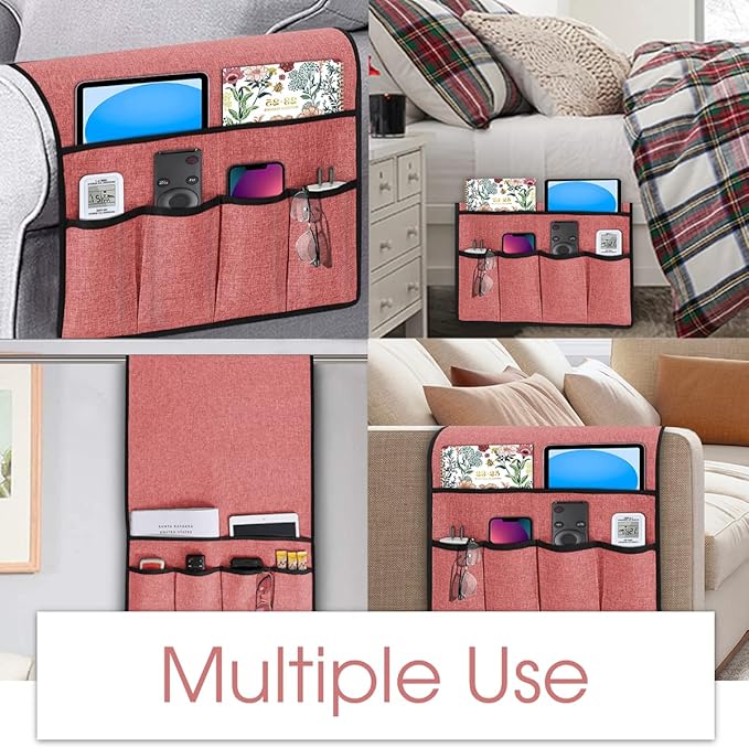 Joywell Armchair Organizer for Recliner Couch Remote Control Holder Armrest Organizer Non Slip Sofa Arm Chair Caddie with 6 Pocket Storage for Magazine, Tablet, Phone, iPad, Rose Pink‌